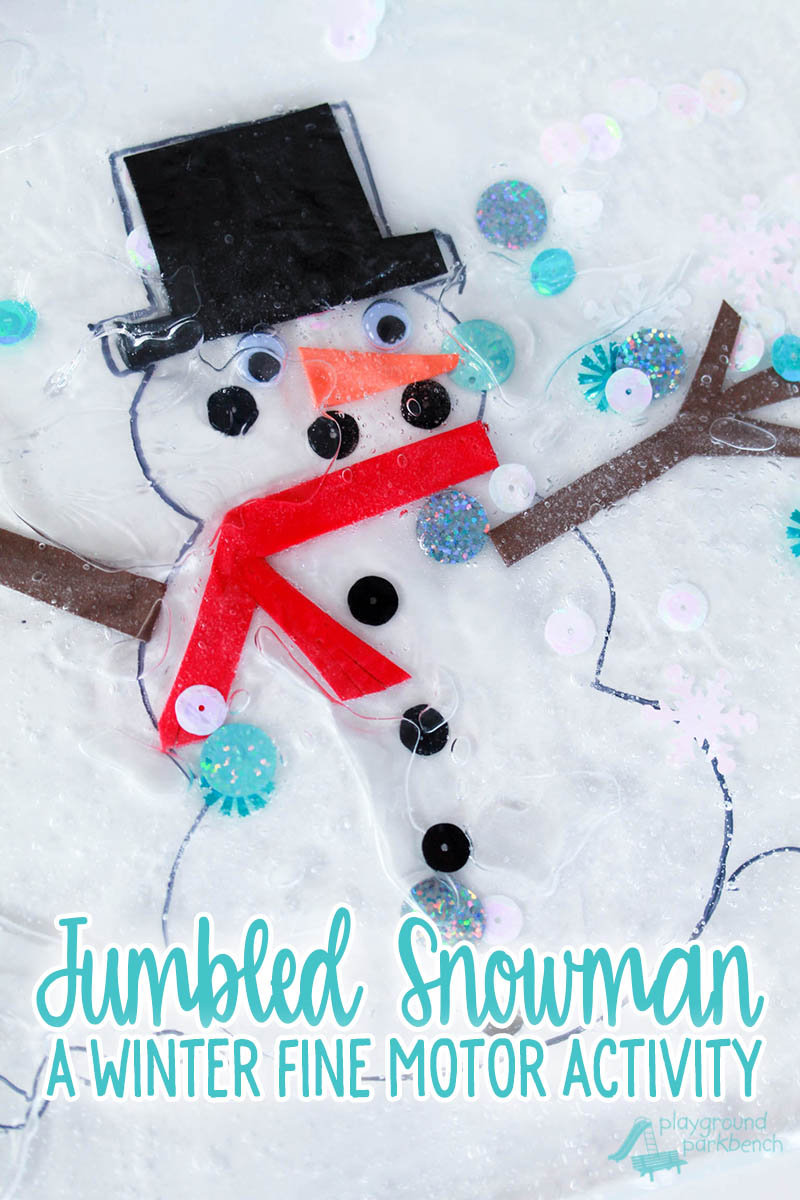 Challenge your toddler or preschoolers fine motor skills with this winter-themed sensory bag. You can find all the supplies you need to make your own Jumbled Snowman at the Dollar Store, and put it together in less than 5 minutes. Your kids will be entertained for days with this simple build your own snowman game. | Games for Kids | Fine Motor Activity | Winter Activities for Kids | Toddler | Preschool | Early Childhood Development | Sensory Play | Sensory Bags