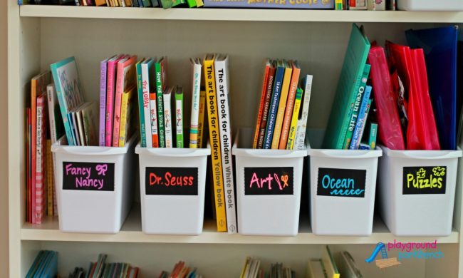 10 Kids Playroom Organization Ideas - Bookshelf Bins by Themes