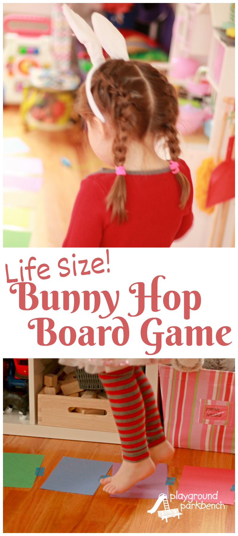 Have indoor fun for Easter with this life-size Bunny Hop Board Game. Teach your toddler or preschooler color recognition, patterns, and get out all that Easter candy sugar high with this active indoor activity!