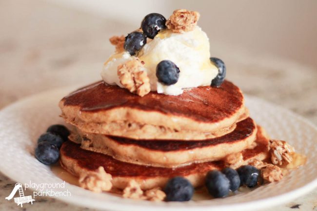 Blueberry Pancakes with Quaker Real Medleys SuperGrains Granola Close Up