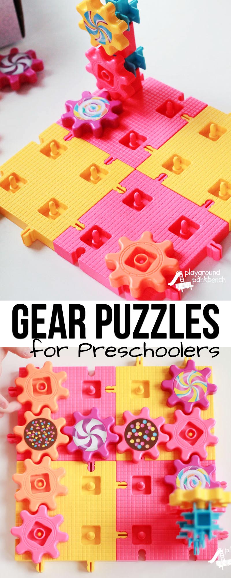 Challenge your preschoolers spatial reasoning and problem solving skills with this STEM Challenge. Use a set of gear toys to create a gears game or puzzles to engage their preschool engineering skills. | STEM | STEAM | Preschool Engineering | 