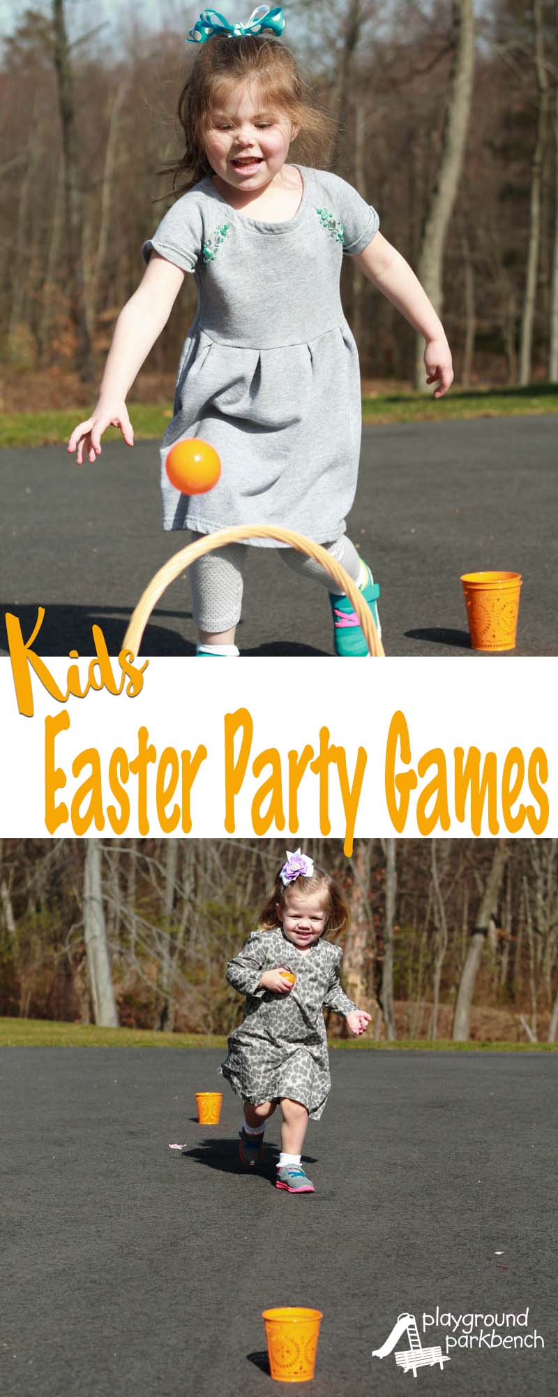 Need some party game ideas or gross motor challenges for your child's Easter Party?  These Kids Easter Party Games are sure to get your toddler or preschooler moving, and burn off all their chocolate bunny sugar high!  Great for preschool parties or Easter Sunday after the egg hunt. | Easter | Easter Games | For Kids | Gross Motor Skills | Toddlers | Preschool