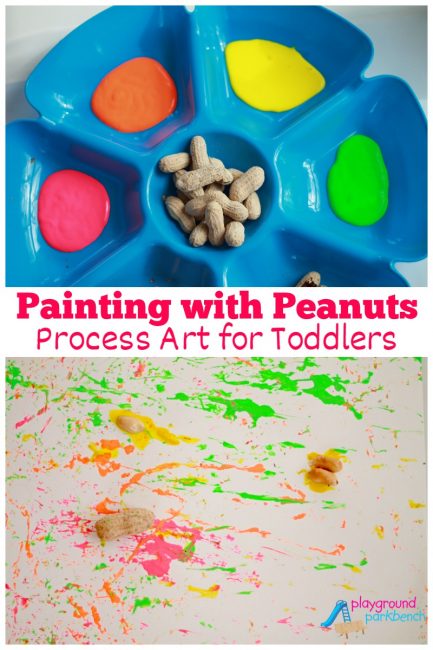 Part a complete Peanut Unit Study for Kids, this Process Art activity is perfect for toddlers and preschoolers.  Use both fine motor skills and gross motor skills to create fun paintings with peanuts