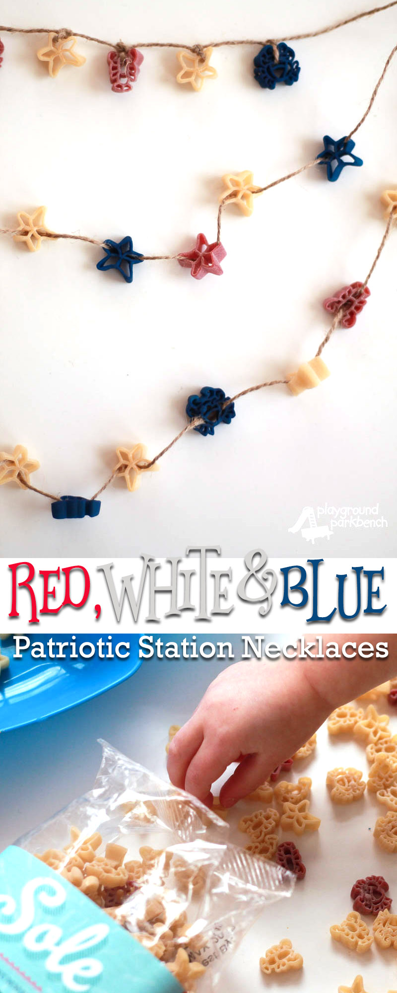 This patriotic craft for kids is perfect for all your summer festivities. Set it up as a kids activity table, or make them in advance as party favors. Whether for your Memorial Day picnic, July 4th BBQ, a Lobster Bake or even just a craft at summer camp, these Red White and Blue necklaces featuring sea-shaped pasta are sure to be a hit! | 4th of July | Memorial Day | Summer | Kids Activities | Kids Crafts | DIY | Toddler | Preschool | Colored Pasta |