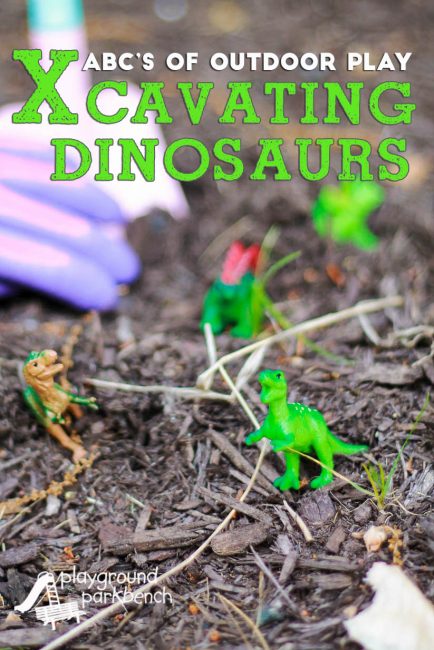 ABCs of Outdoor Play: X is for Excavating Dinosaurs! Where did the dinosaurs go when they became extinct? How do we know what they looked like? Where did archaeologists find their bones? Address the endless questions preschoolers ask about dinosaurs with this simple outdoor play activity! | STEM | STEAM | Dinosaurs | Preschool | Outdoor Fun | Learning Through Play |