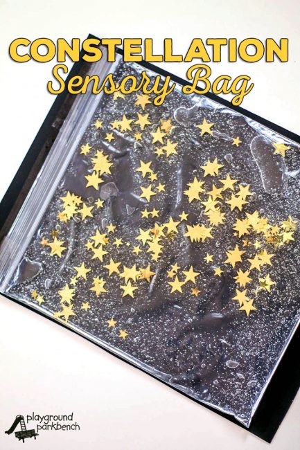 Our Preschool Study of the Stars continues with constellation-inspired sensory play. The Constellation Sensory Bag is a great way to provide hands on learning about the night sky, perfect for toddlers and preschoolers. A great fine motor skill challenge, you can also up the skill level by using our glow in the dark constellation cards to make it a puzzle, mapping stars to the constellations. You can make one of your very for less than $5 with all supplies from the Dollar Store. | STEM | STEAM | Kids Activities | Science for Kids | Space | Preschool | Toddler | Learning Activities |