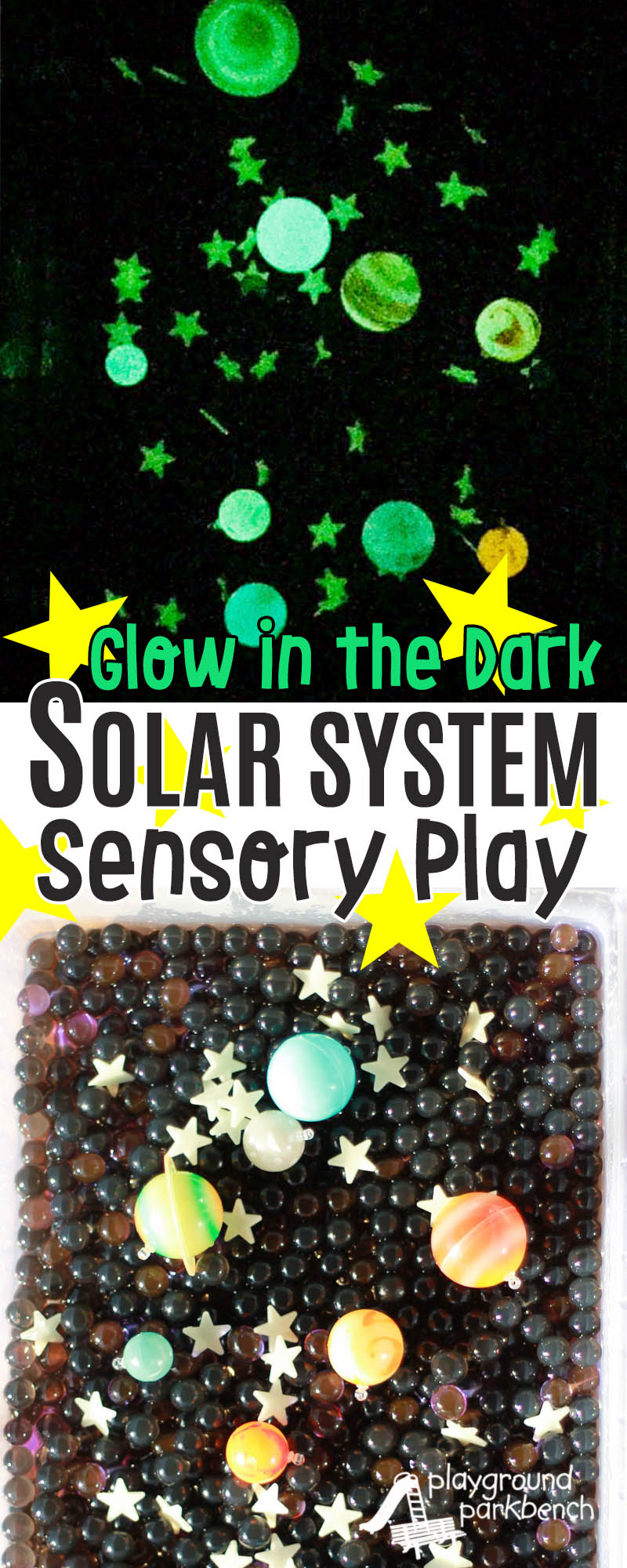 Let your little astronaut learn about the solar system through hands-on sensory play with this Glow in the Dark Space Sensory Bin! They can imagine they are an astronaut, exploring outer space, count and order the planets, create their own star formations or re-create constellations and more. Simple set up features water beads and glow in the dark stars and planets. Set yours up today for hours of deep space exploration! | Toddlers | Preschool | Elementary | Totschool | Sensory Play | Hands On Learning | Learning Through Play | STEM | STEAM | Space |