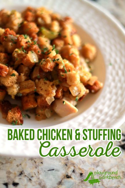 A traditional family favorite in a one-dish, easy prep, quick clean-up twist. This Real Mom Meal features chicken and homemade stuffing with fresh herbs baked and served as a one-dish casserole. Pair with a simple steamed veggie or side salad for a quick and easy weeknight meal for your family.  From fridge to table in under an hour! | Real Mom Meals | Family Dinners | Dinner | Chicken | Family Friendly Food | Kid Friendly Food | One Dish Meal | Casserole