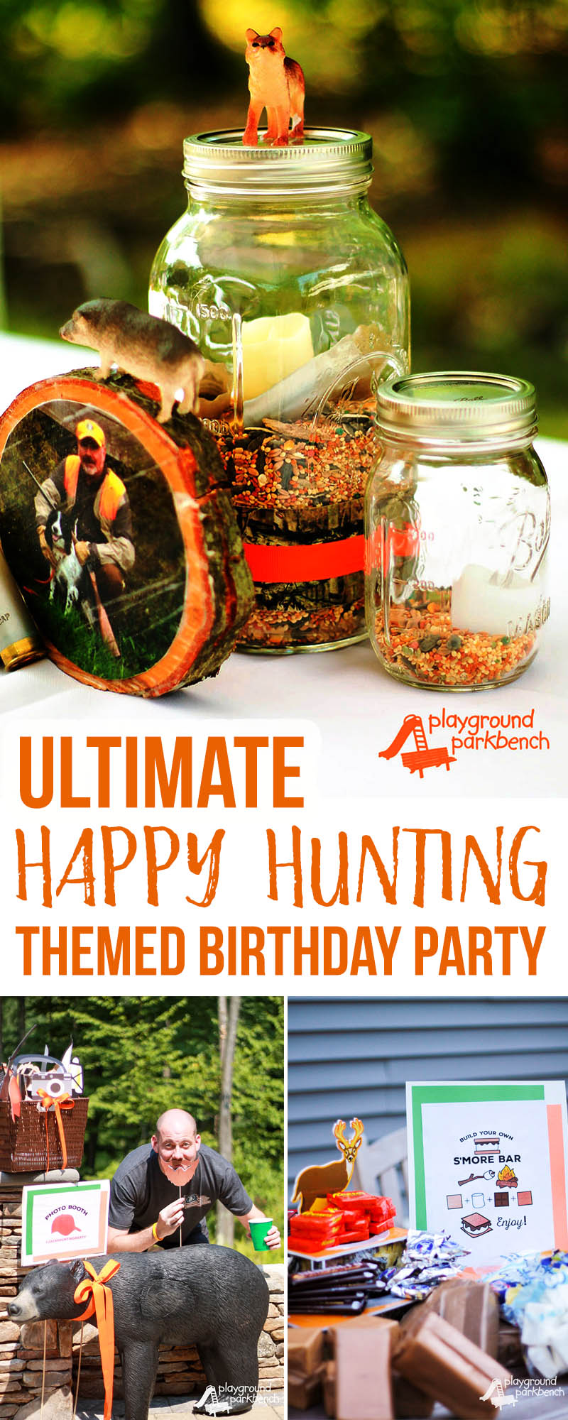 Celebrate the hunter in your life with these fun and easy ideas for a Happy Hunting themed birthday party! We celebrated my father in law with a 70th Surprise Birthday Party, featuring hunting themed party centerpieces, decor, photo booth props, s'mores bar and more! See all the fun hunting party ideas and supplies... | Hunting Party | Birthday Party | Party Ideas | 70th Birthday | Boy Birthday | Birthday Party Themes | Themed Birthday Party