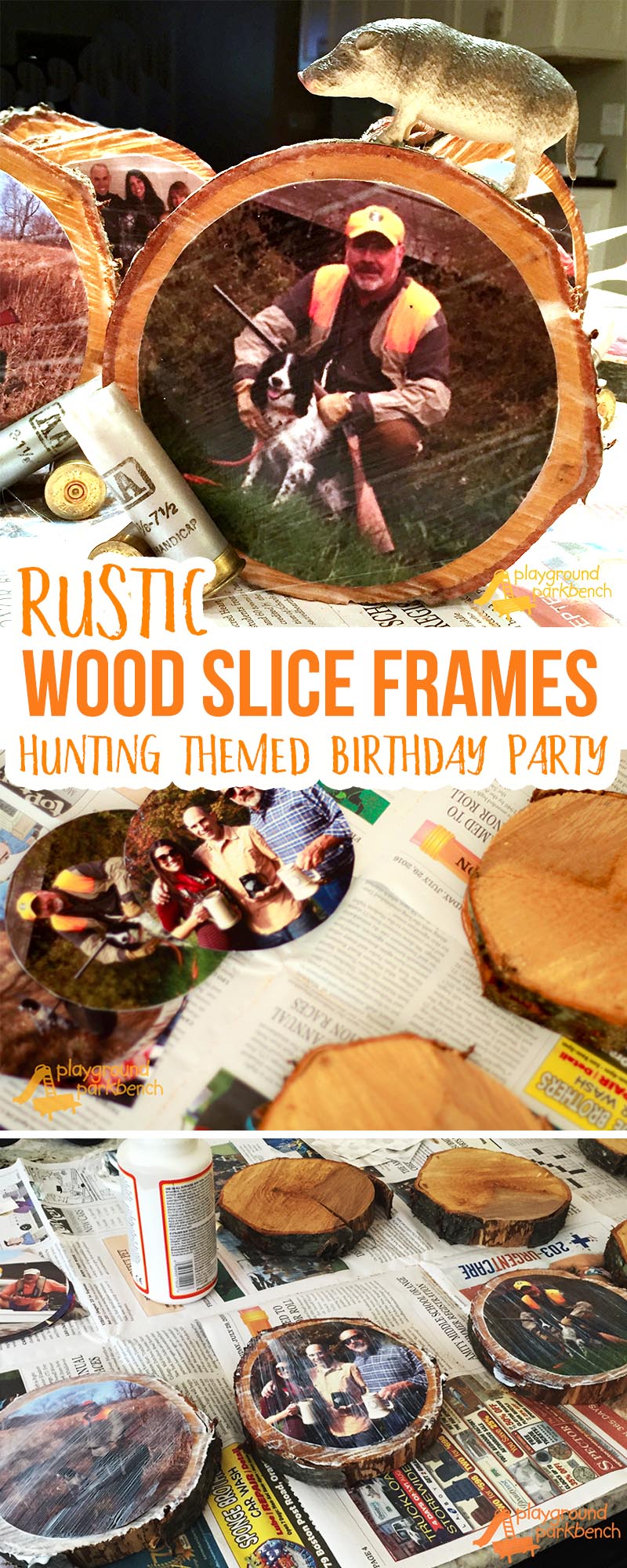 Want a fun, personalized touch to your Hunting Themed Birthday Party? These Rustic Wood Slice Frames were such a festive touch to our party centerpieces. They also now make awesome home decor accents at my in-law's mountain cabin home. | Party Ideas | Home Decor | DIY | Photo Frames | Rustic Home Decor | Cabin Decor |