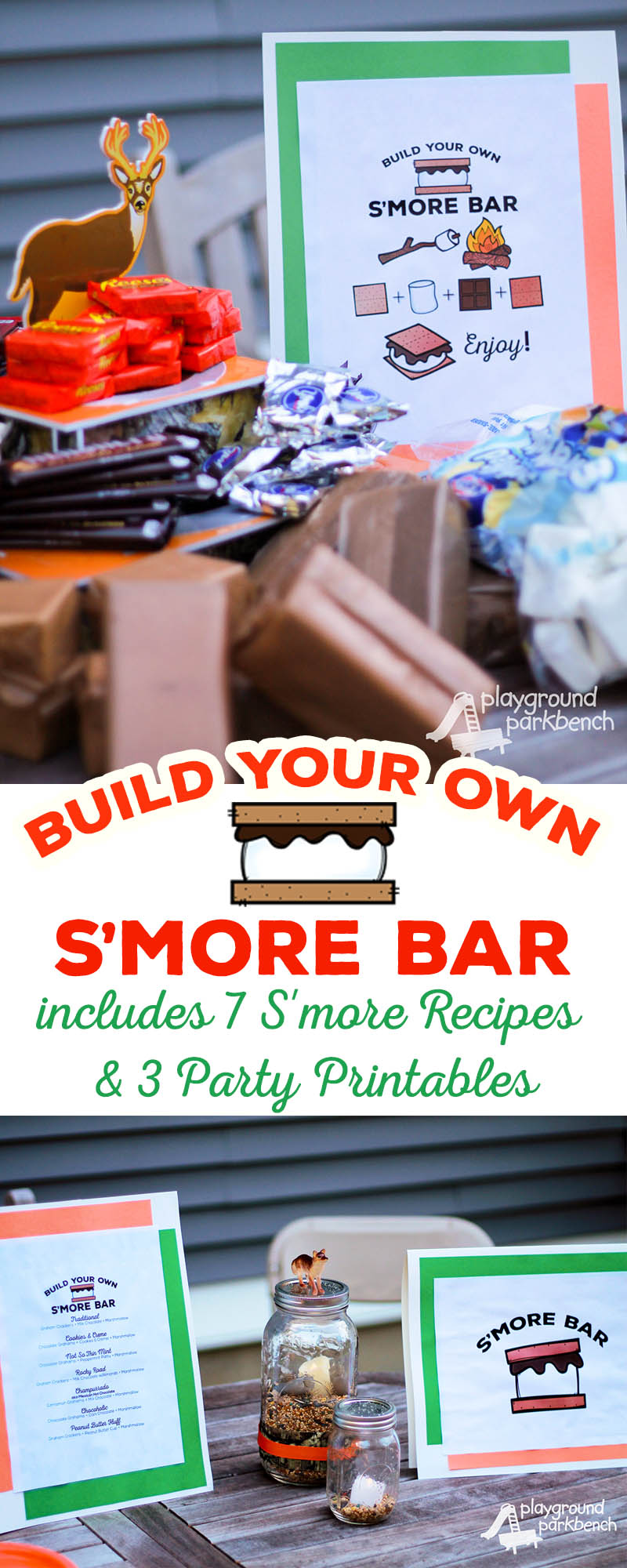 No birthday party, summer gathering or fall festivity is complete without a Make Your Own S'mores Bar! It is the perfect quick, easy and affordable alternative to an elaborate dessert table. And best of all, it doubles as both entertainment, as well as dessert. Get our 7 different s'more recipes, as well as fun S'more Bar Party Printables. | Birthday Party | Outdoor Party | Dessert Table | S'mores | Party Ideas | Party Supplies | Party Planning | Summer | Fall | Camping |