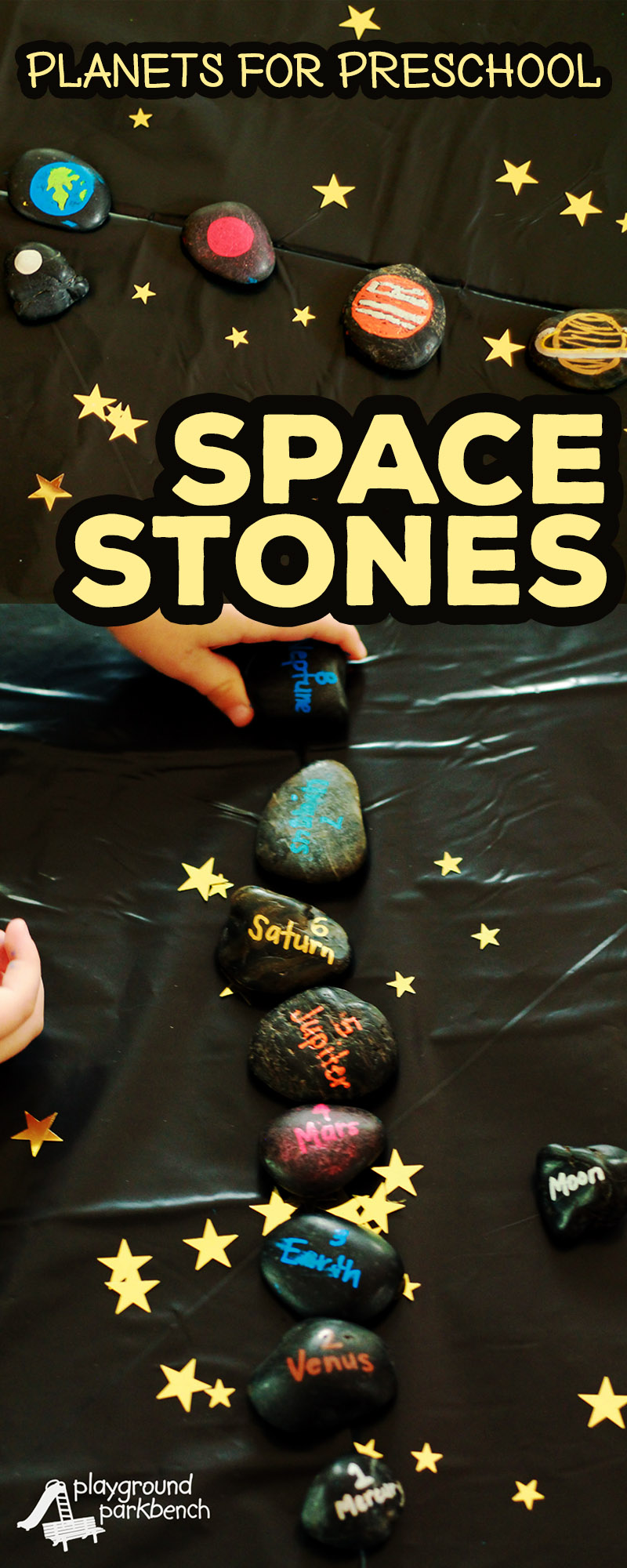 Study the planets with your preschooler with these durable, easy to make, Space Stones! Hands-on learning will teach young scientists to identify and order the planets, while reinforcing number recognition and early literacy skills too! | Preschool | Space | Solar System | STEAM | STEM | Science for Kids | Learning Activities | Early Childhood Education
