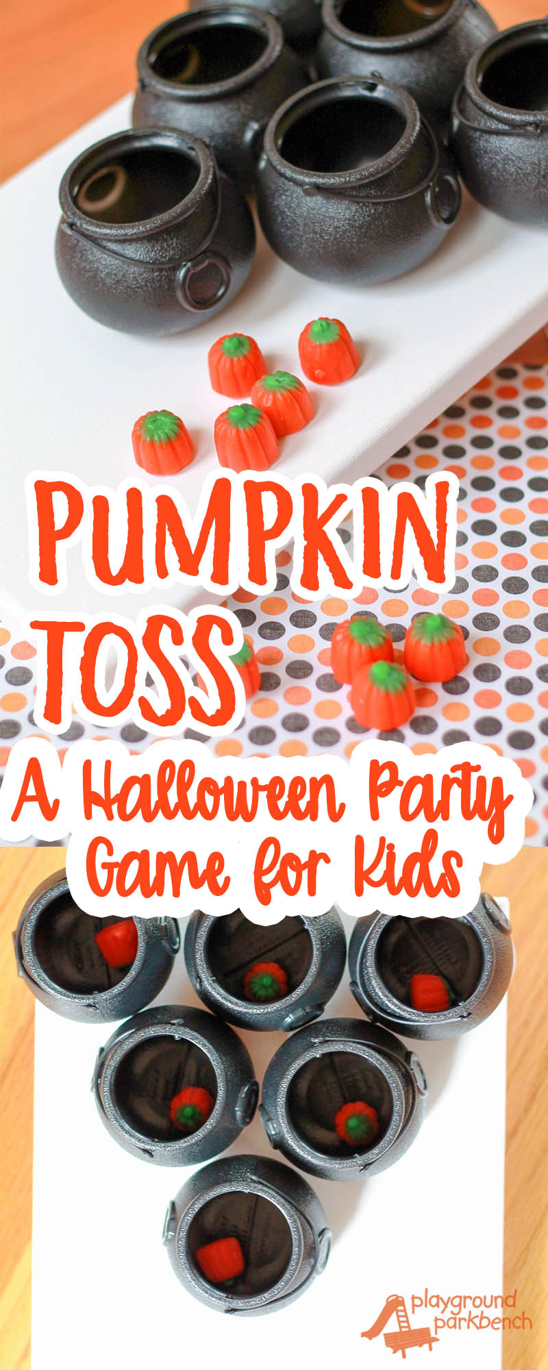 Work on fine and gross motor skills with play! A perfect addition to any preschool Halloween party or October child's birthday party, this simple game is fun for kids of all ages. | Pumpkins | Halloween | Party Games | Preschool | Games for Kids | 