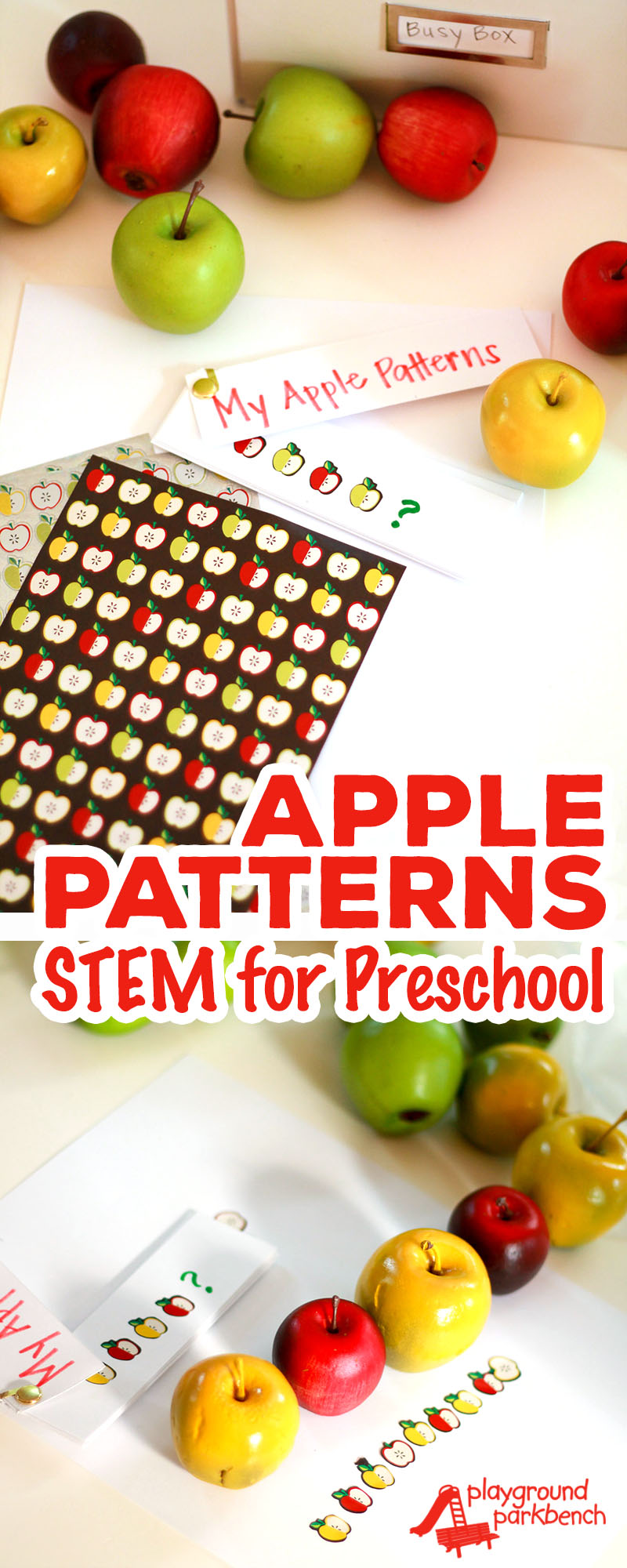 Recognizing patterns makes for great STEM preschool activities. This fall themed version features different color apples and stickers to match.