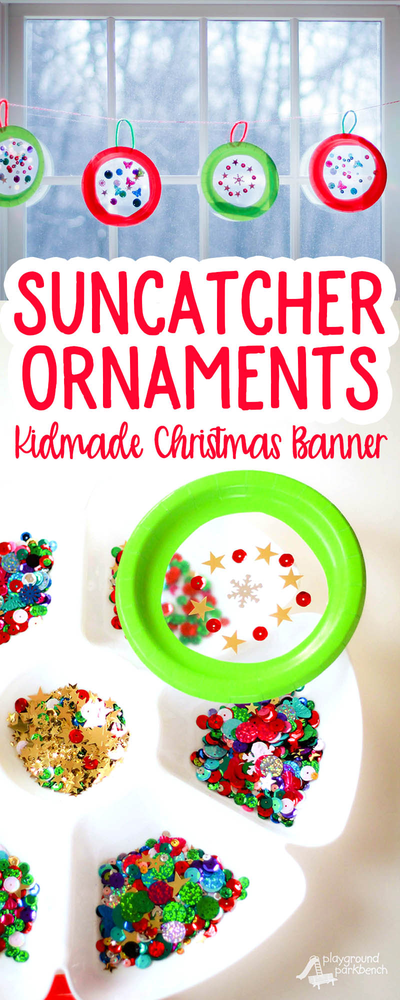 Let your kids help create their own Christmas decor with this simple Suncatcher Christmas Ornament Christmas Banner. A great craft for kids of all ages, from toddlers to teens. Make as many as you want and string them up in front of your windows to capture the fleeting winter light! | Kids Crafts | Christmas Craft | Holiday Decor | DIY |
