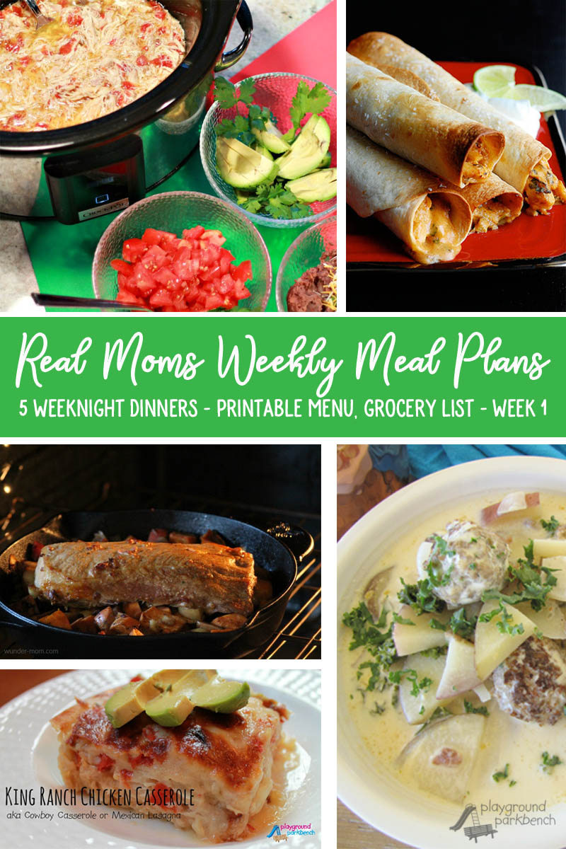 Real Moms Best Weekly Meal Plans - 5 weeknight dinner, on a printable menu complete with grocery list. Take the hassle out of meal planning - just download, print and go!