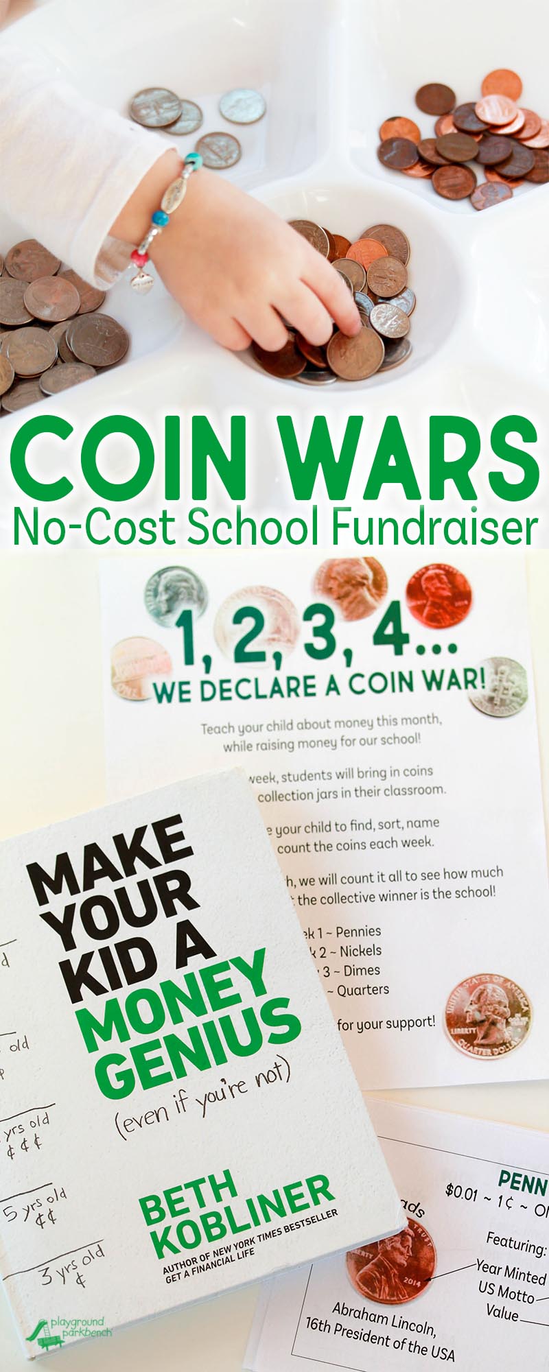You don't have to be a financial expert to make your kid a MoneyGenius! Grab your School Fundraiser bundle to launch your own Coin War, inspired by the preschool lessons recommended by Make Your Kid a Money Genius (Even If You're Not). This awesome parenting guide from @BethKobliner will give you tools and guidance to begin teaching children as young as preschoolers about money, savings, hard work and how to make good financial decisions. Each chapter addresses a different financial topic, with segments for each age group, from preschool through college. | AD | Family Finances | Financial Savvy | STEM for Preschool | Math for Kids | Printables |