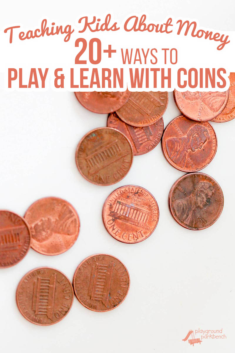 Teaching money to kids can start as soon as they can count. Check out more than 20 simple activities to play and learn with coins for kids of all ages, from toddlers and preschoolers, to grade school STEM challenges. | Money | STEM | STEAM | Preschool | Elementary | Kids Activities | Learning Activity 