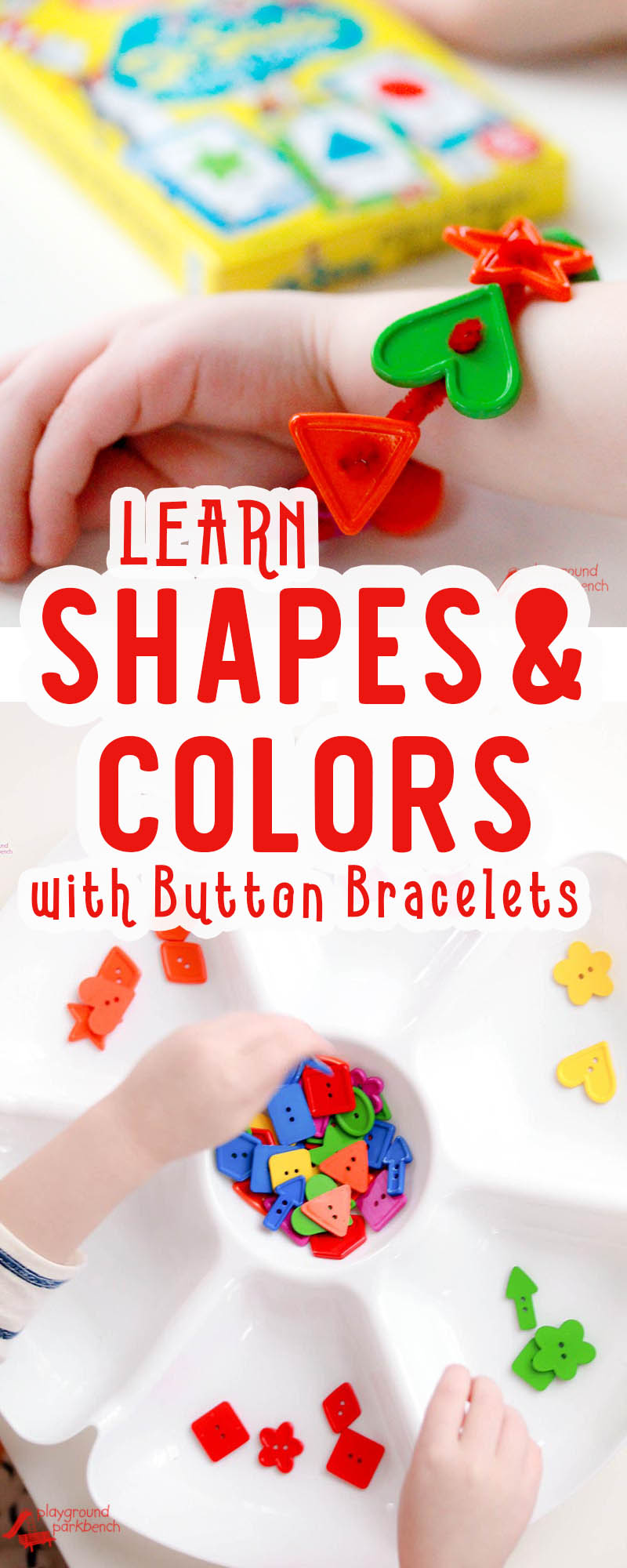 Encourage your preschoolers recognition of shapes and colors through this simple game - and they can build their own button bracelet in the process. | STEM | STEAM Kids | Kids Activities | Crafts for Kids | Shapes | Colors | Preschool | Early Learning | Early Education |