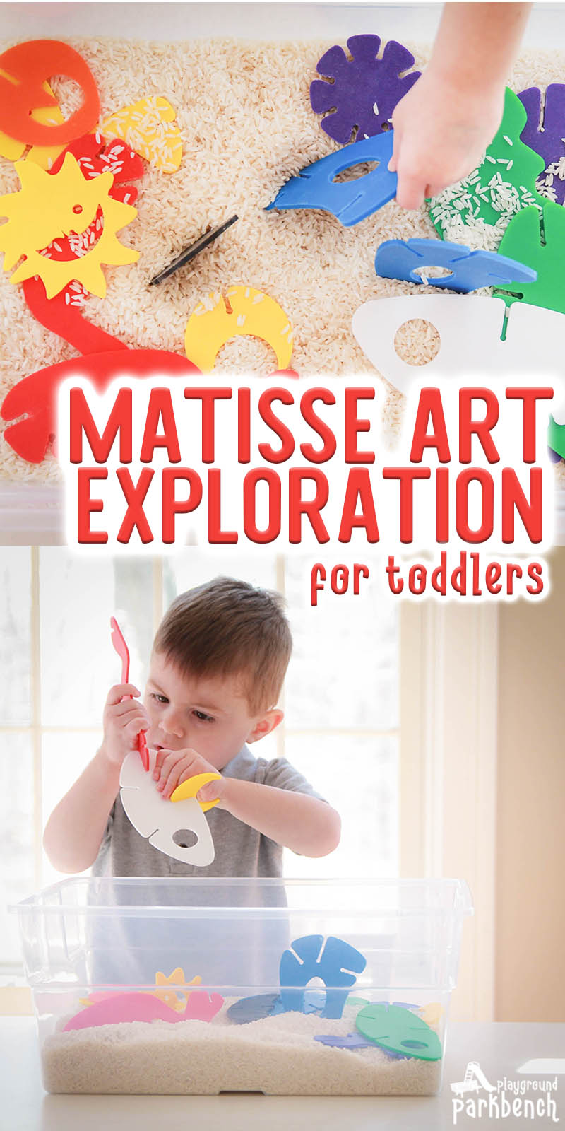 Introduce your child to the great artist, Henri Matisse, with a simple sensory bin. They can freely explore and learn through play about color, abstract shapes, sculpture and more. Perfect toddler activity and a great art center for preschool! #artforkids #toddleractivity #sensorybin